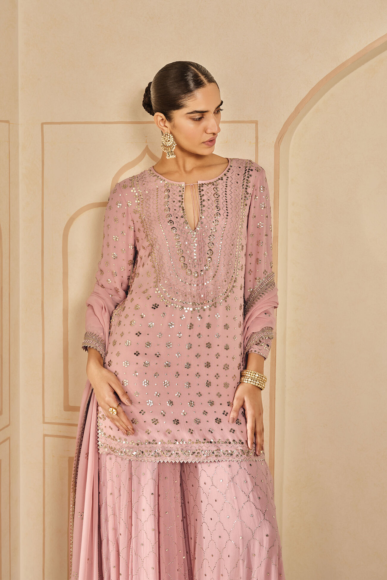 Zynah Handcrafted Badla Sharara Set - Blush, Blush, image 4